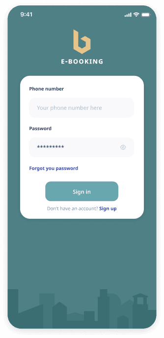 E-booking app login screen