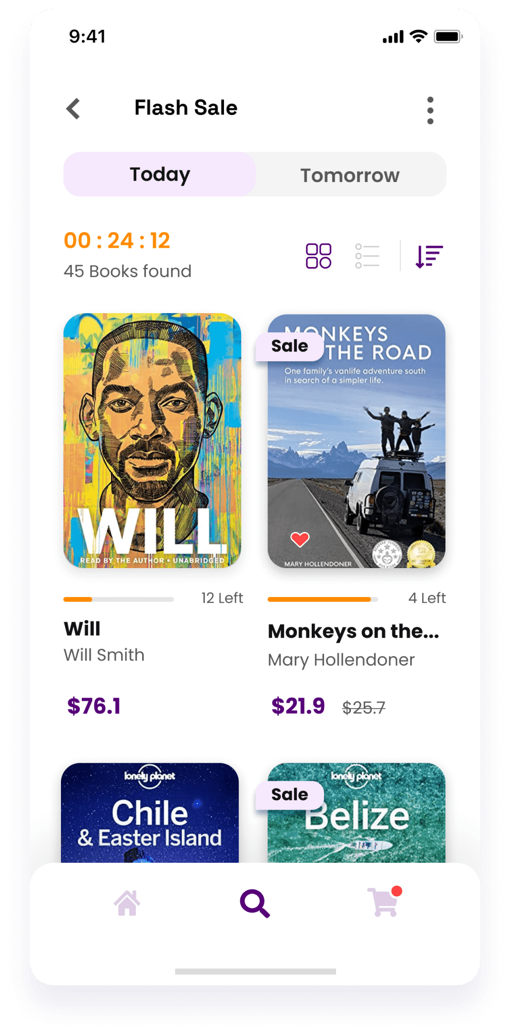 UI design of the Starbooks app showing the flash sale screen