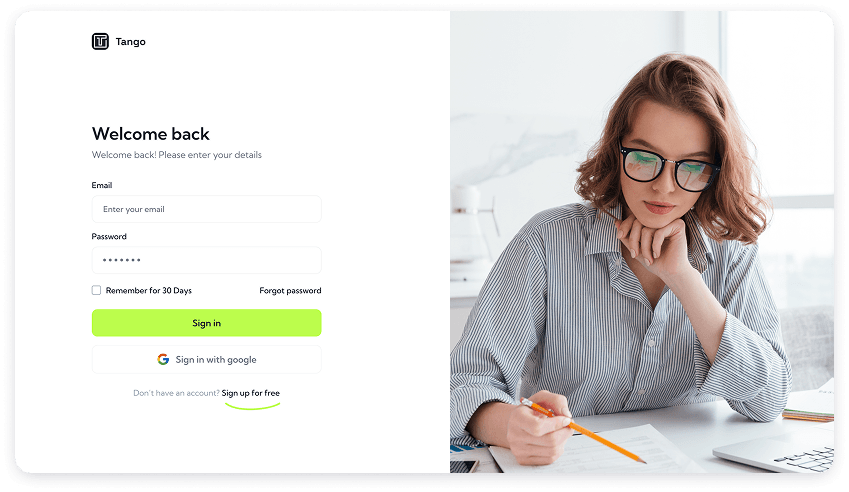 Login screen UI design of Tango app