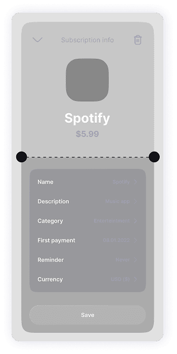 Subscription info screen wireframe of TrackEasy app