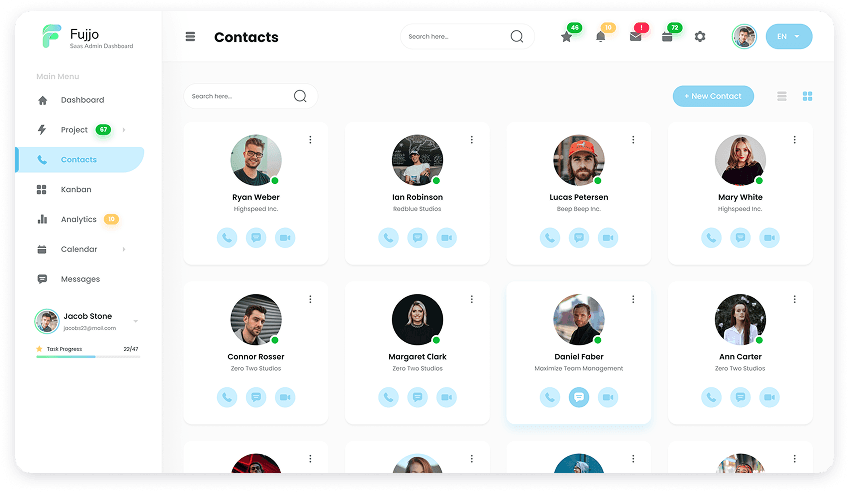 Fujjo contacts dashboard UI design