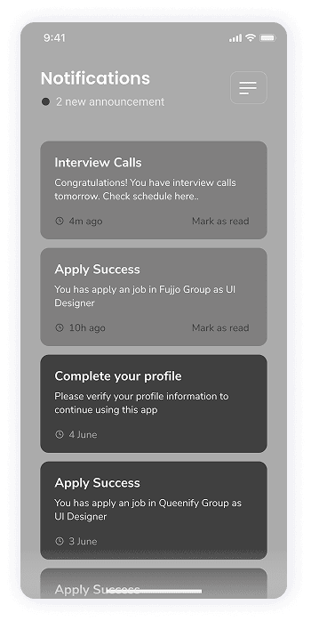 Wireframe of Rocket app-s notifications screen