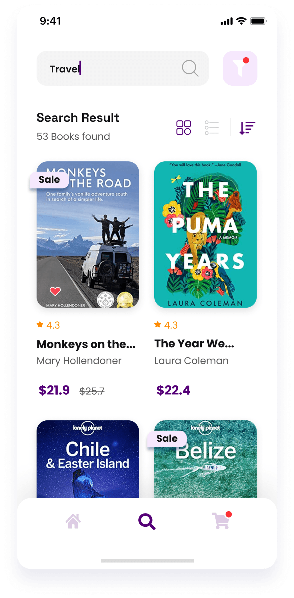 Starbooks app UI design displaying travel book search results in a grid format