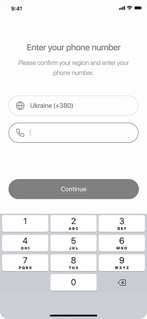 Wireframe of Splash app-s phone number entry screen