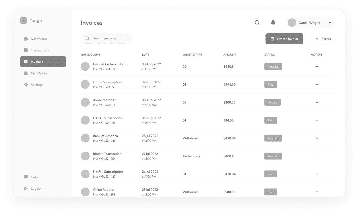 Wireframe of Tango app invoices screen