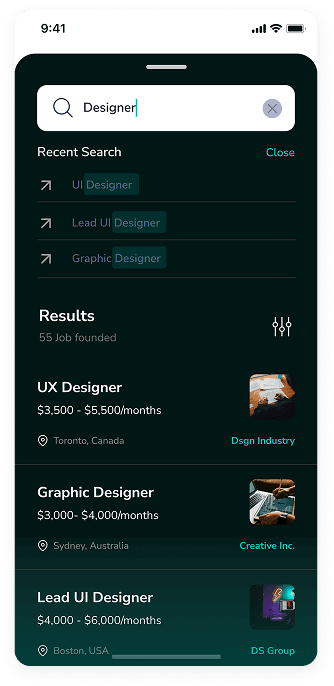 UI design of Rocket app-s job search results screen