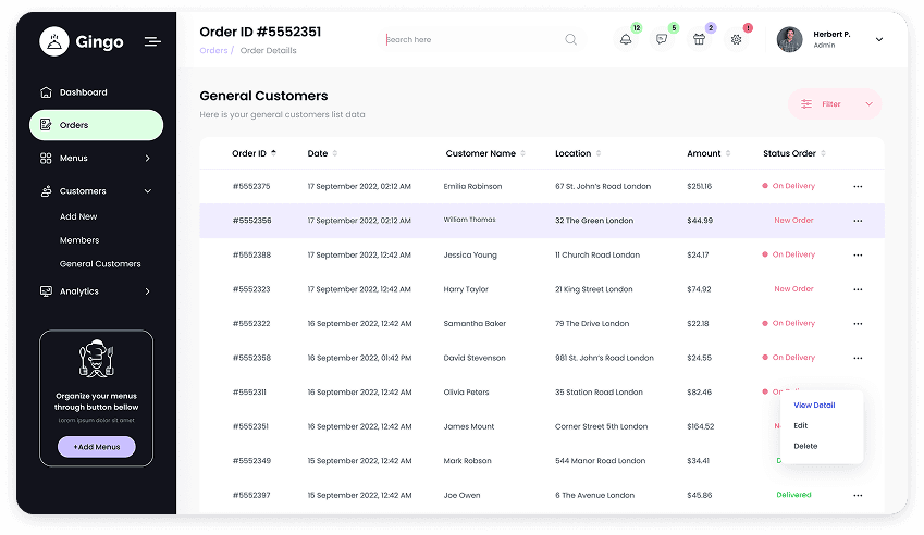 UI design of the Gingo admin panel orders screen