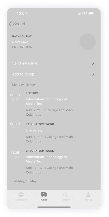 University Student app wireframe of the contact screen