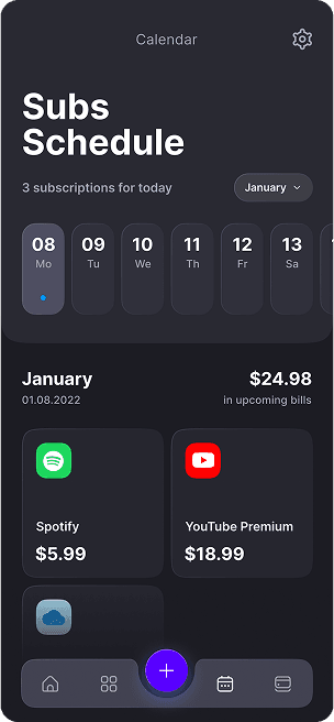 UI design of TrackEasy app-s subscription schedule screen