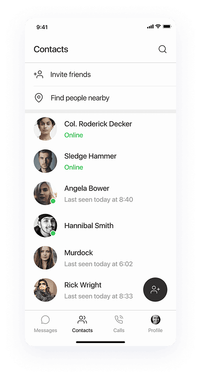UI design of Splash app-s contacts screen