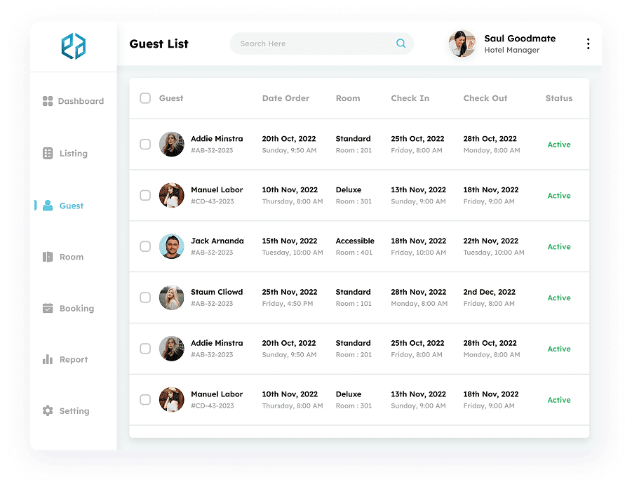 UI design of the guest list page in Elite Station CRM