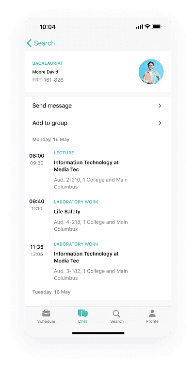 UI design displaying the University Student app-s contact profile screen