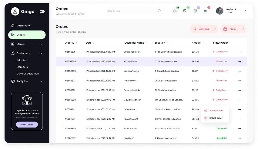 UI design of the Gingo admin panel orders dashboard