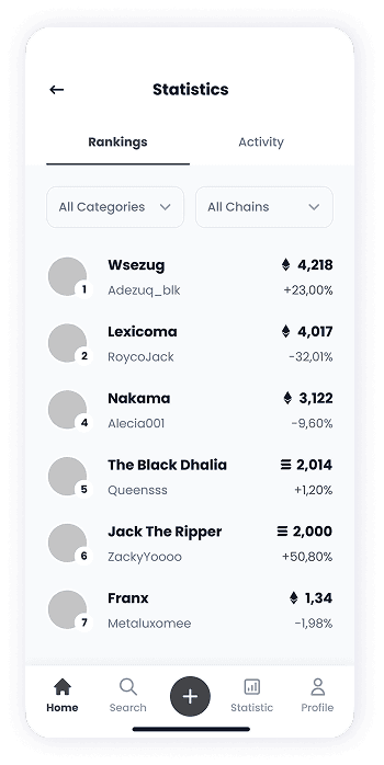 NFT Store statistics screen wireframe
