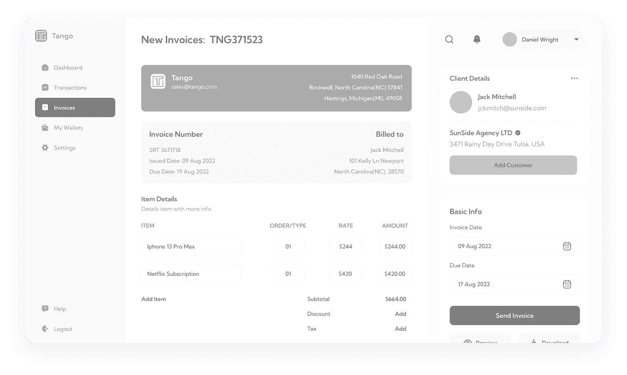 New invoice creation screen wireframe of Tango app