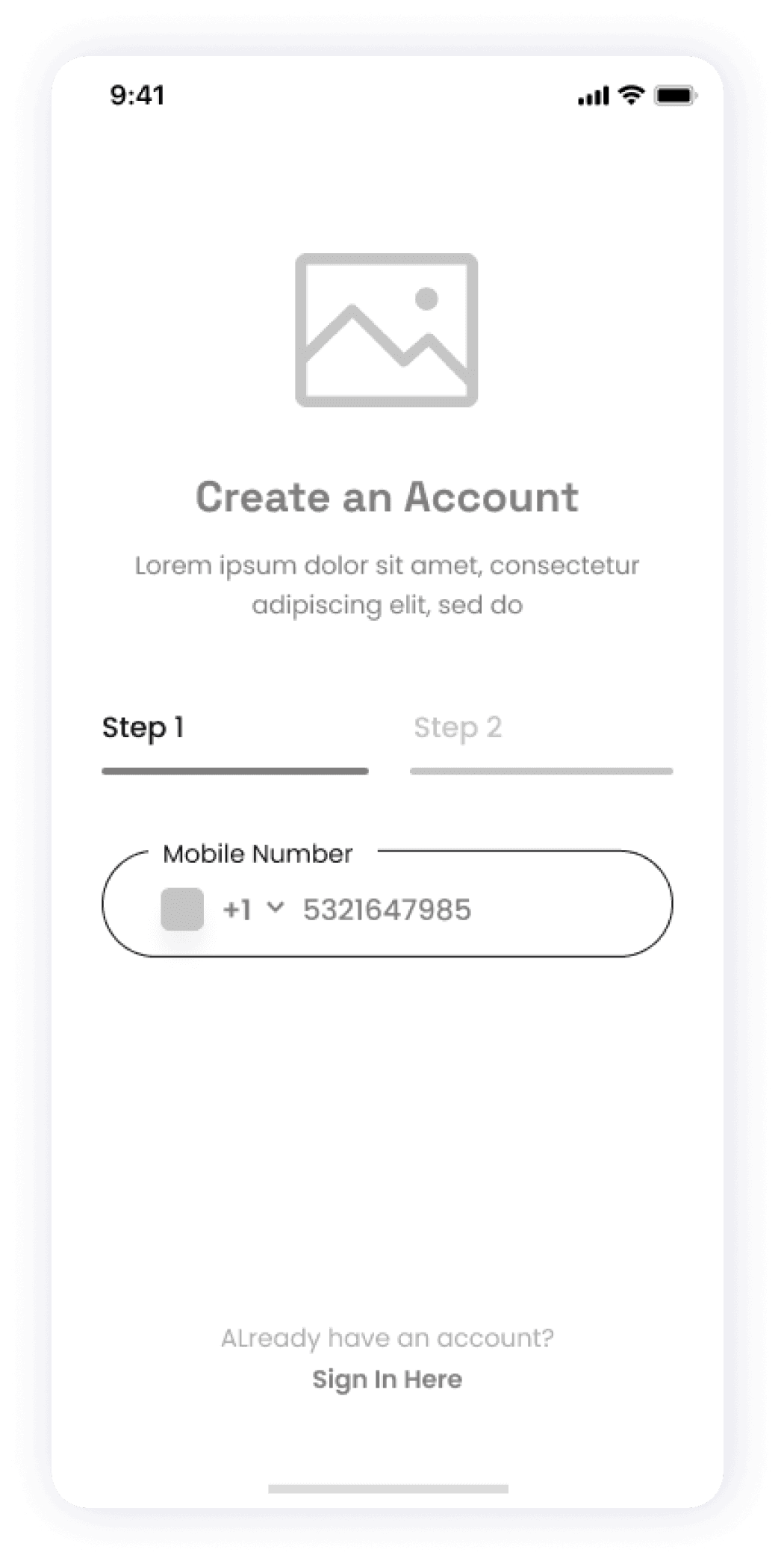 Starbooks app wireframe showing the initial step of account registration
