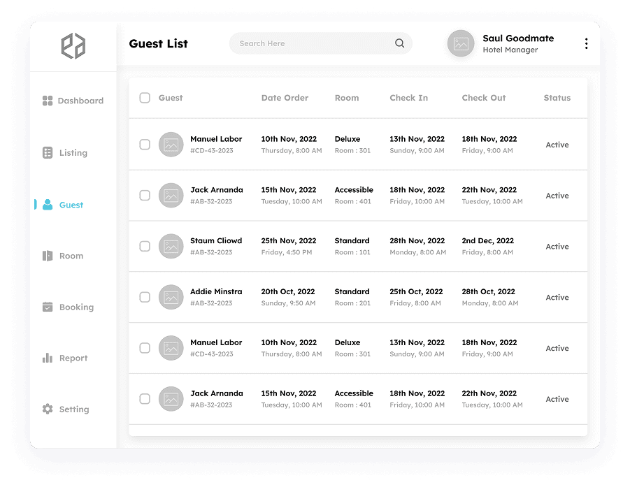 Wireframe of the guest list page in Elite Station CRM