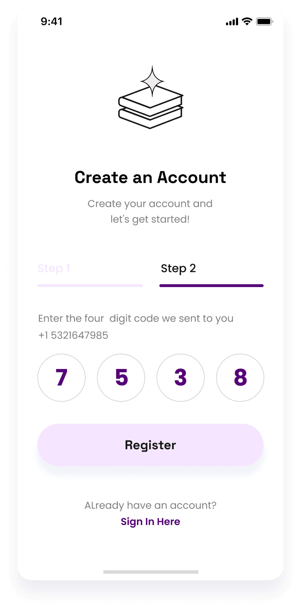 UI design of Starbooks app's account creation screen