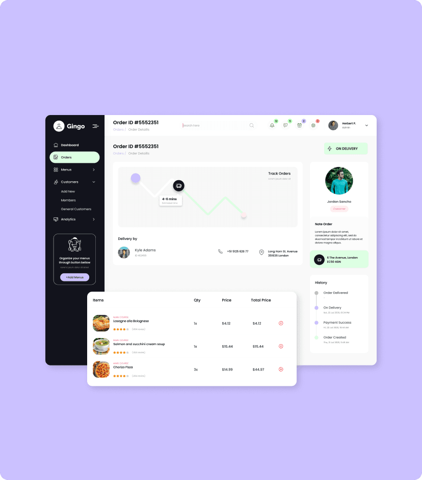 Gingo admin panel orders management feature