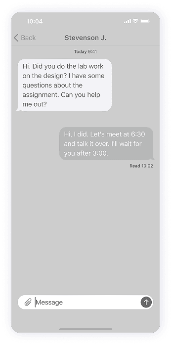 University Student app wireframe of the chat conversation screen