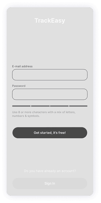 Wireframe of TrackEasy app-s account creation screen