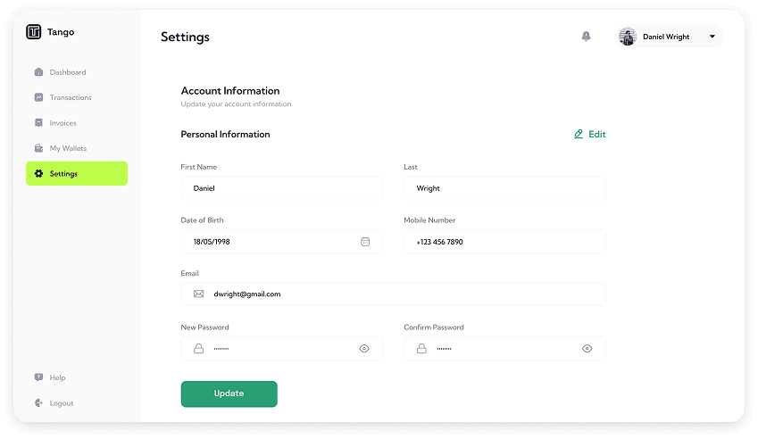 UI design of Tango application-s settings page