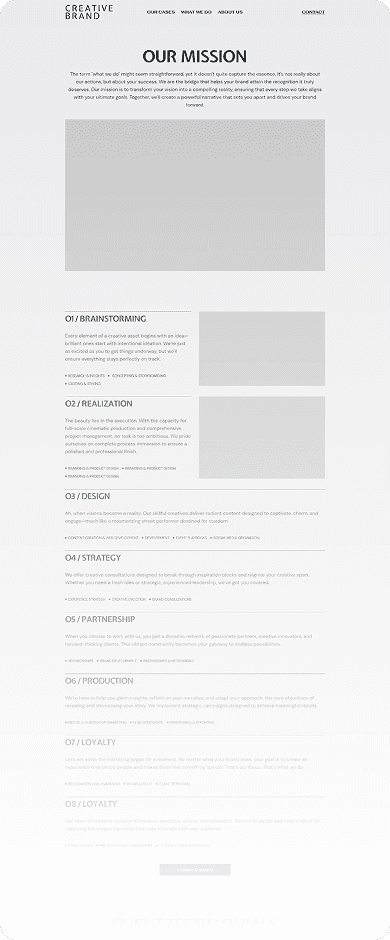 Wireframe of Creative Brand-s home page featuring the Our Mission section