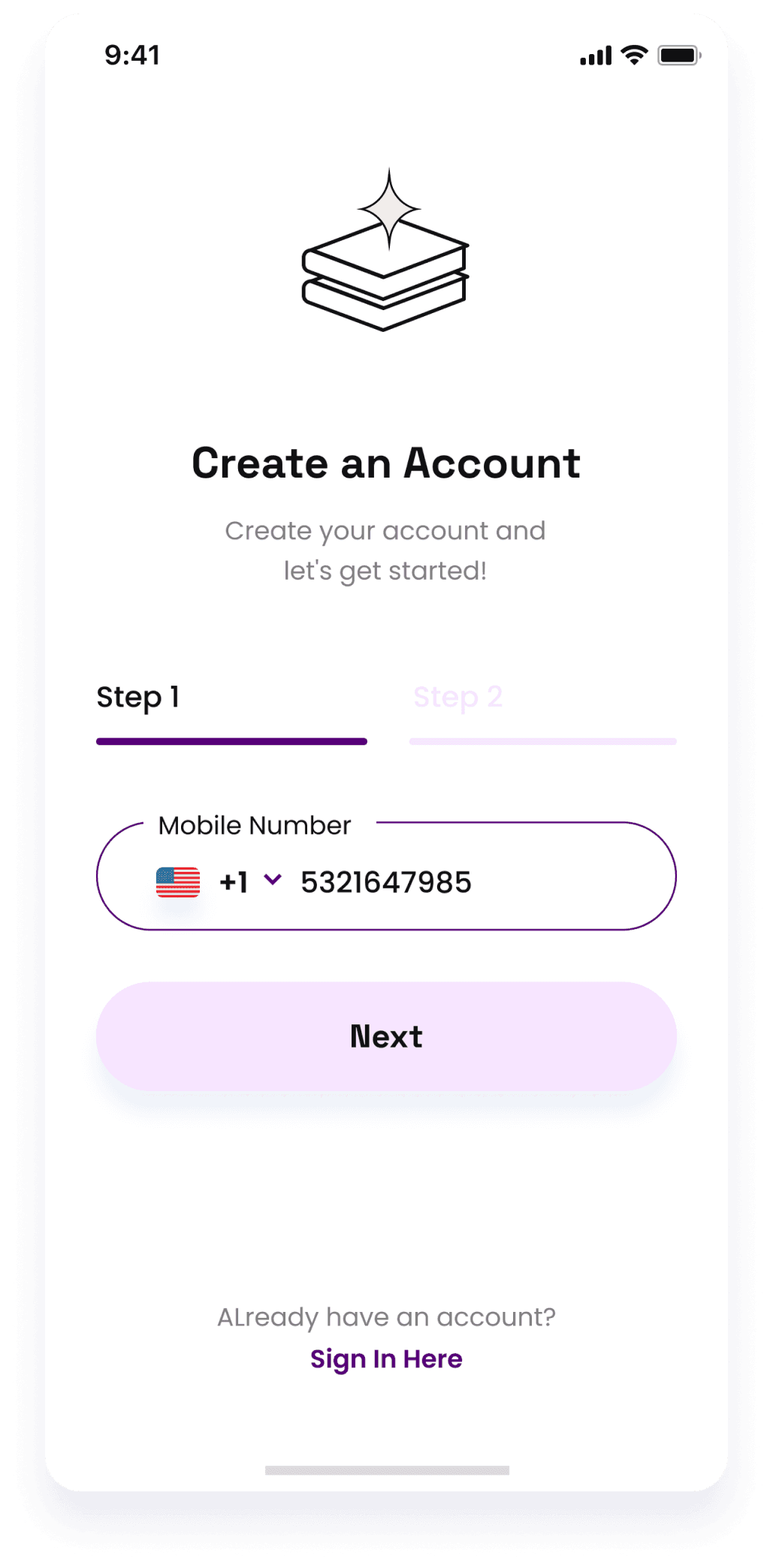 Starbooks app UI design displaying the first step of account registration