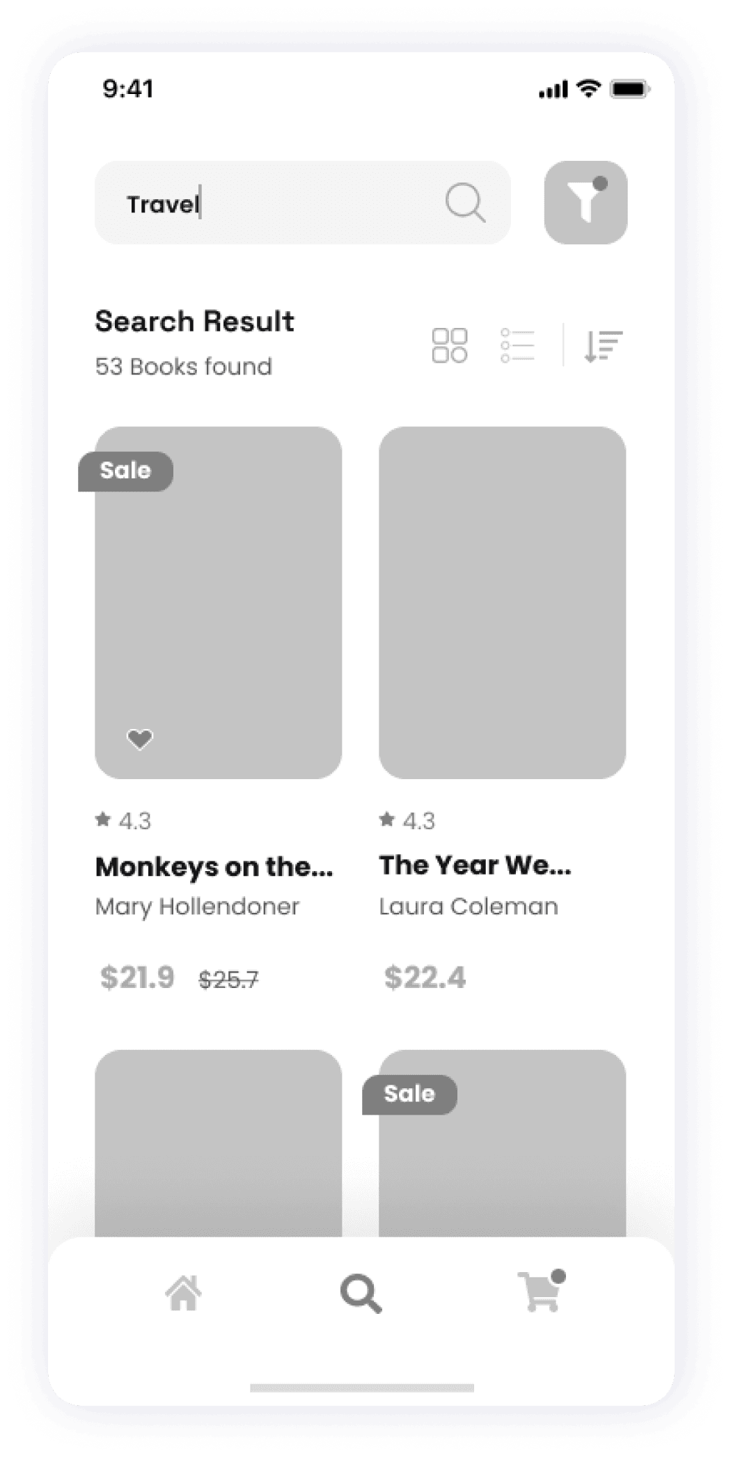 Starbooks app wireframe displaying travel book search results