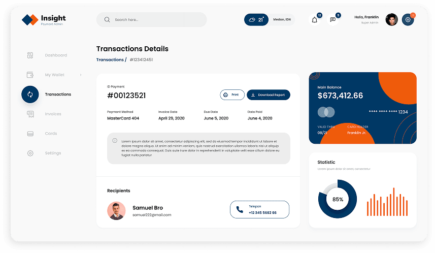 Insight CRM UI mockup for detailed transaction view