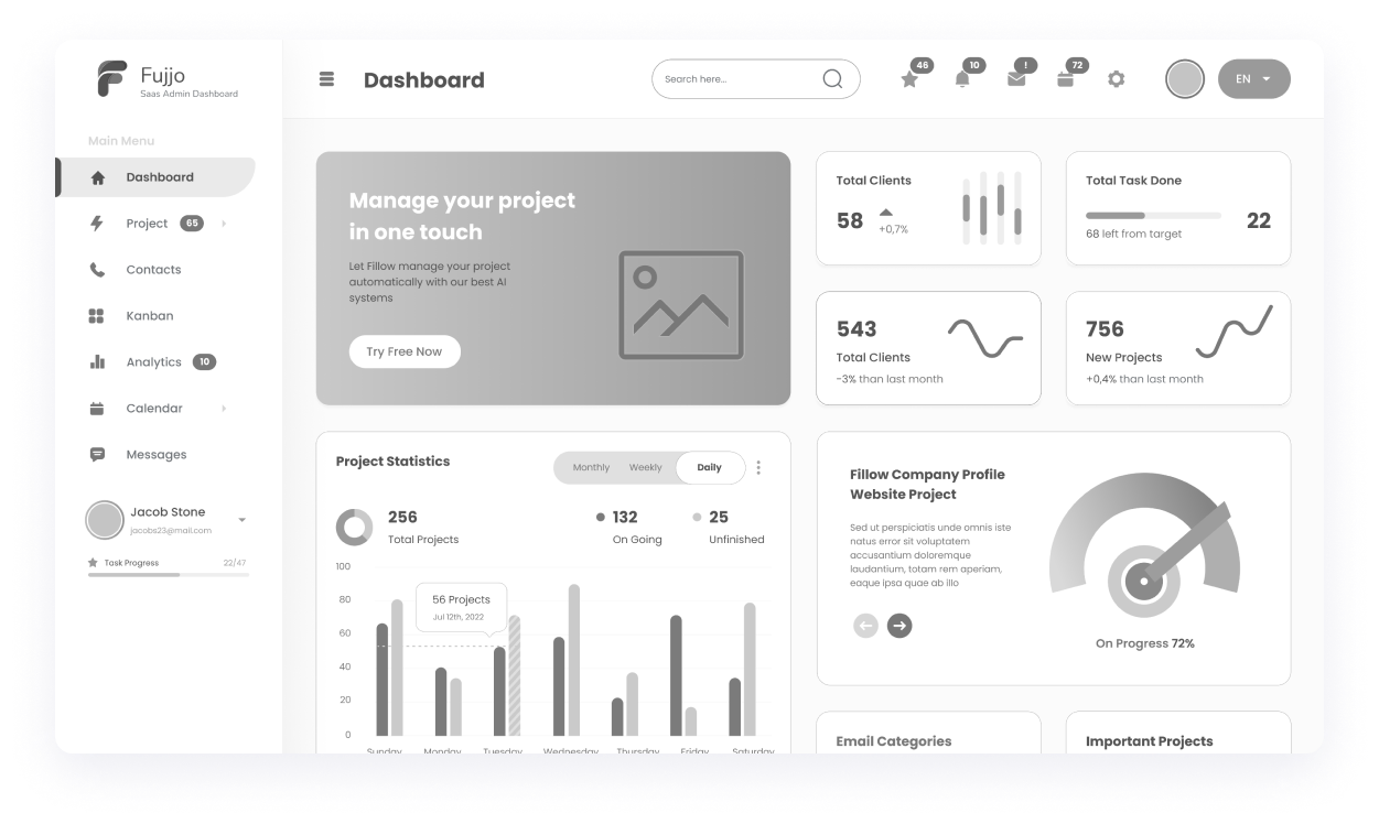 Fujjo main dashboard wireframe