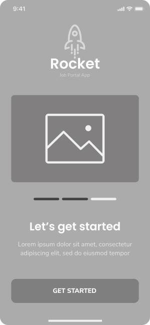  Wireframe of the Rocket job portal app's introductory screen