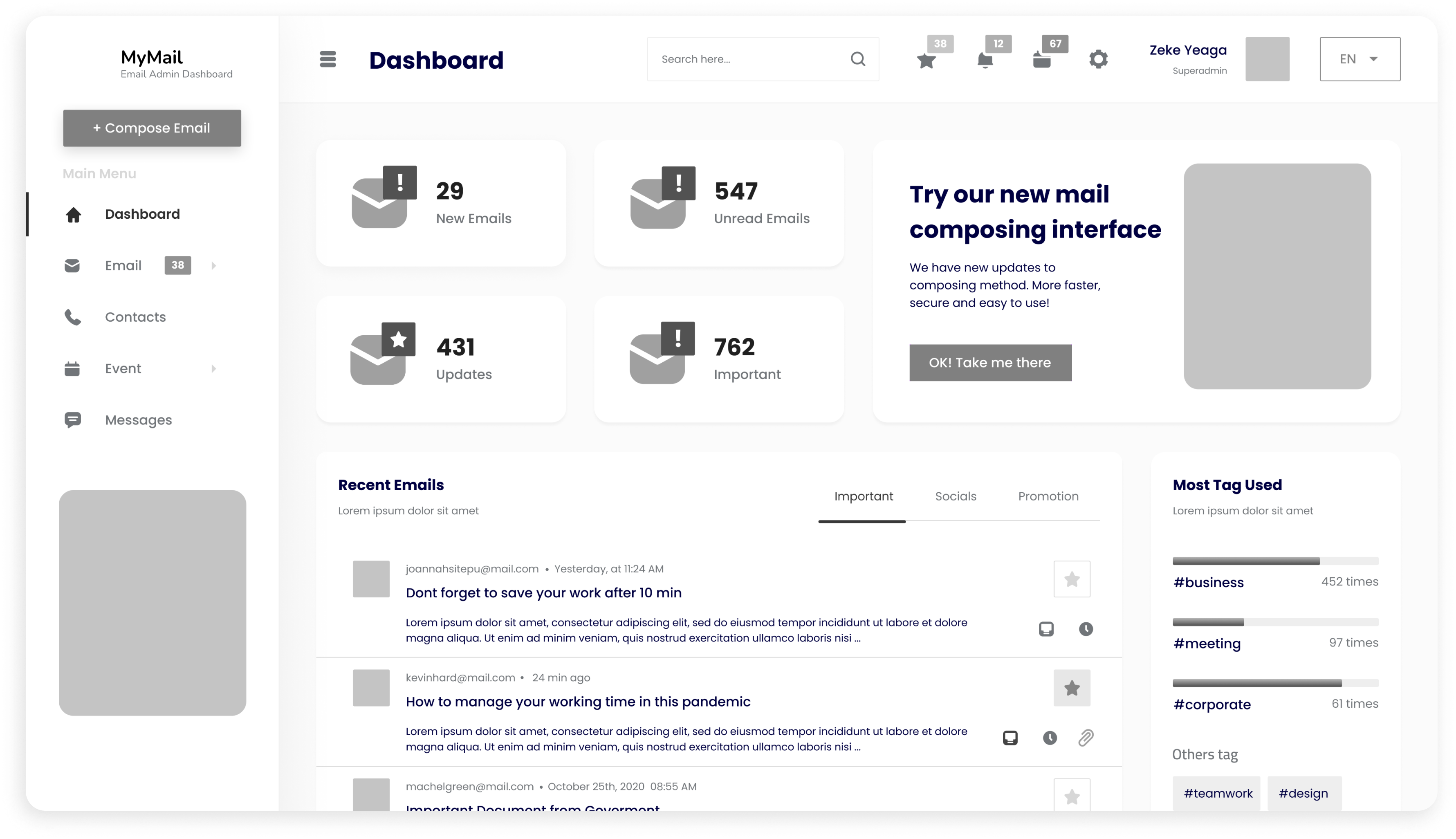 Wireframe of MyMail main dashboard