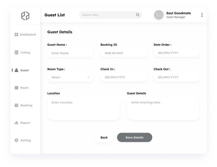 Elite Station CRM wireframe showing the guest details form