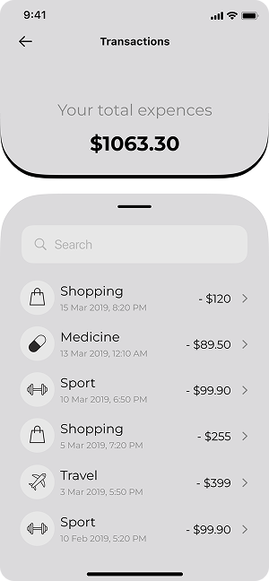 Wireframe of MoneyPay transactions screen