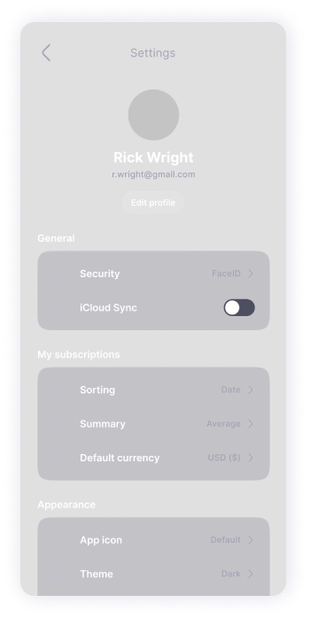  Settings screen wireframe of TrackEasy app 