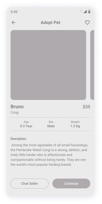  Adopt pet screen wireframe of MyPet app 