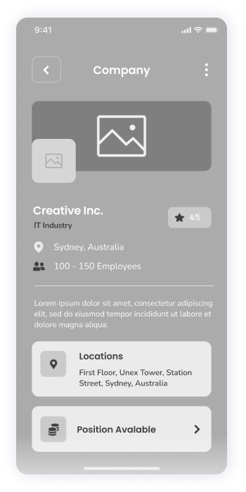  Rocket app wireframe displaying the company profile screen 