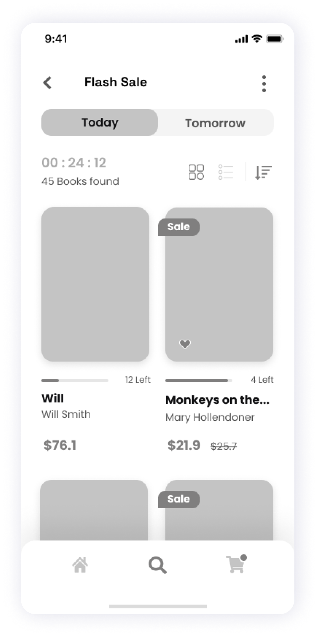 Wireframe of the Starbooks app showing the flash sale screen