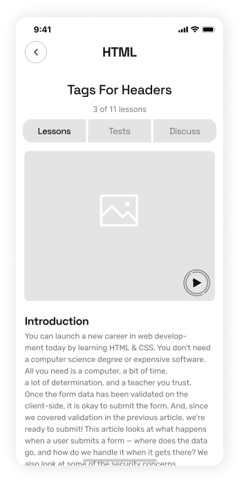 HTML lesson screen wireframe for EasyCoursy