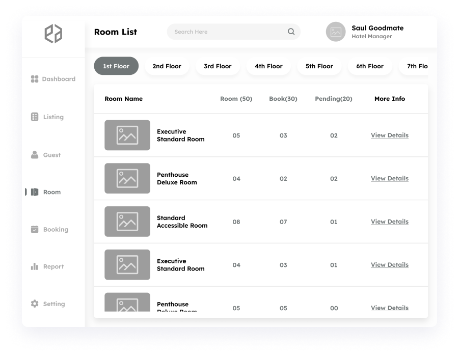 Room list screen wireframe in Elite Station CRM