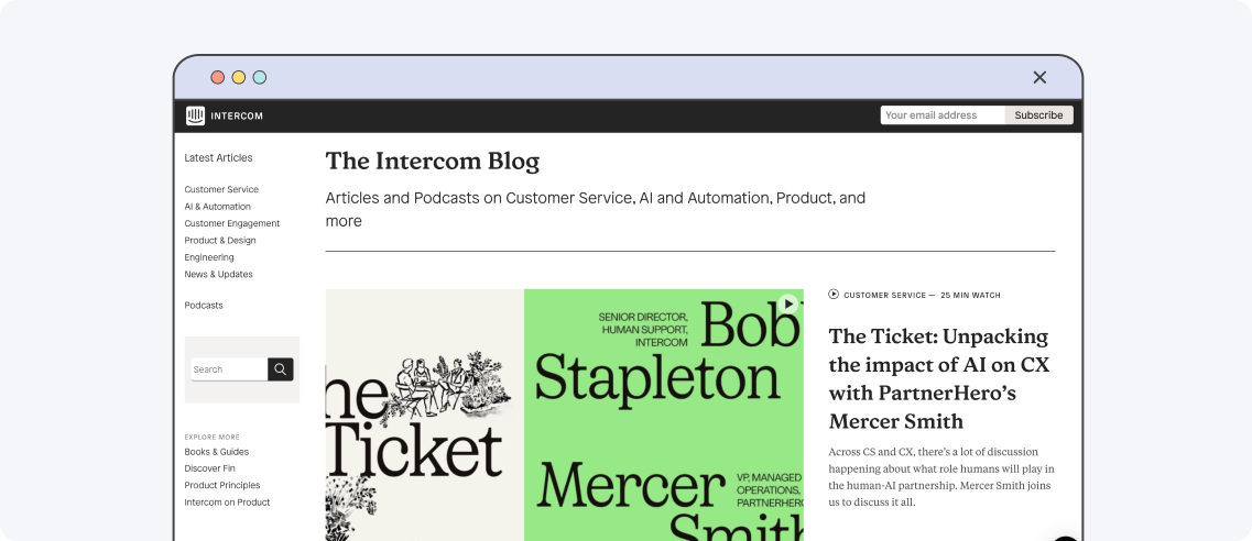 Intercom, example of a website blog design