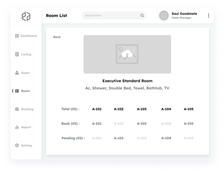 Room details screen wireframe in Elite Station CRM