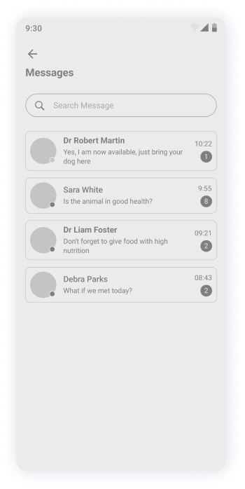  MyPet app messages screen wireframe 