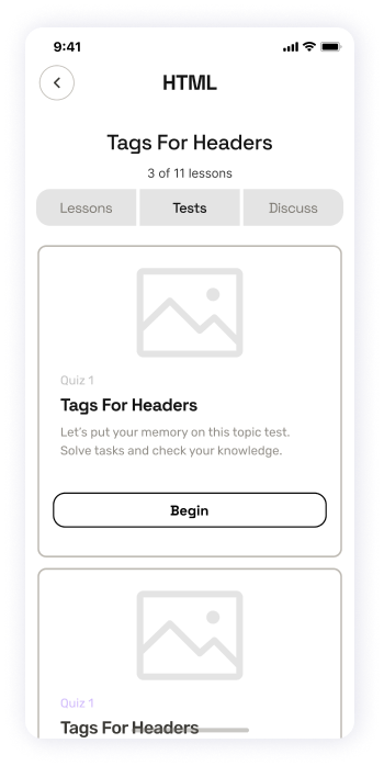 Wireframe of the EasyCoursy app's HTML test screen