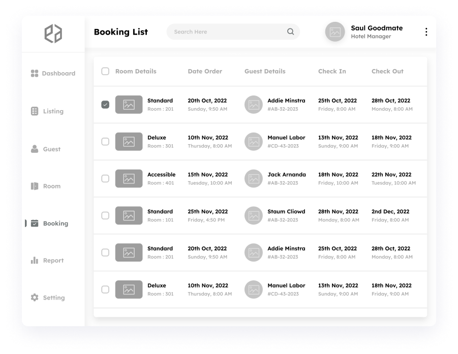 Wireframe of the booking management page in Elite Station CRM