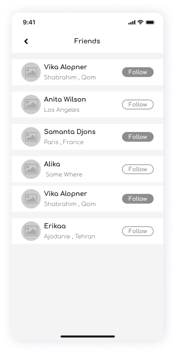 Wireframe of ShareFit app friends list screen