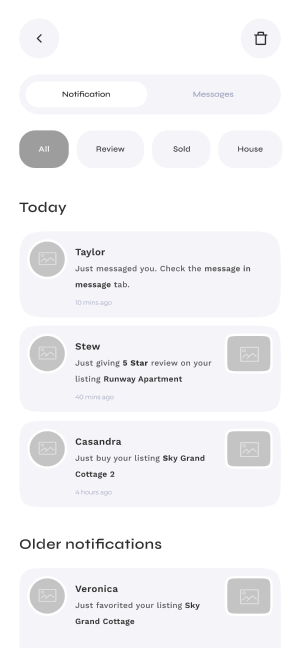 Wireframe of Turveyor notifications page