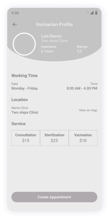  MyPet app veterinarian profile screen wireframe 