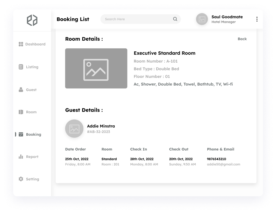 Wireframe of the booking details page in Elite Station CRM